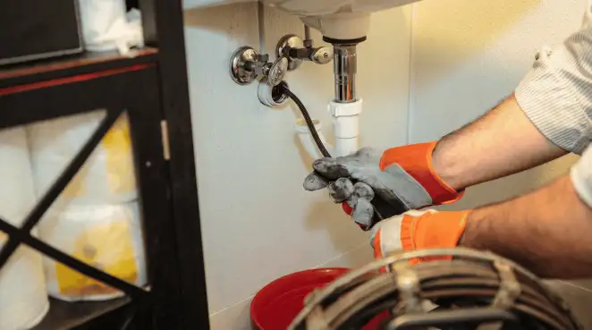 Drain cleaning technician using a motorized plumbing snake to clear a clogged sink pipe in Reno, NV